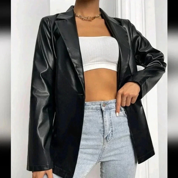. Jackets & Blazers - Lapel Collar Single Button PU Leather Blazer